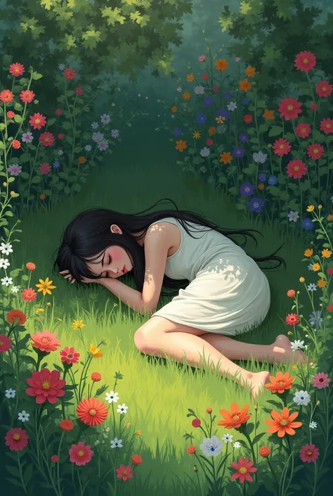 generate an image of a lonely beautiful girl lying on grasses and garden of flowers