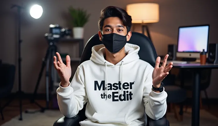 "An Indian young man sitting on a chair in his modern YouTube studio, wearing a white hoodie with the text 'Master the Edit' written on it. He is facing forward with a clear and confident expression, using both hands to explain something enthusiastically.
...