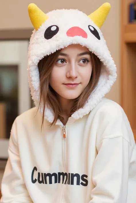 The image shows a person in a playful and cozy setting, wearing a costume that resembles a cartoonish creature. The costume features a fluffy white hood with large, round eyes and yellow horns, giving it an endearing and whimsical appearance. The person is...