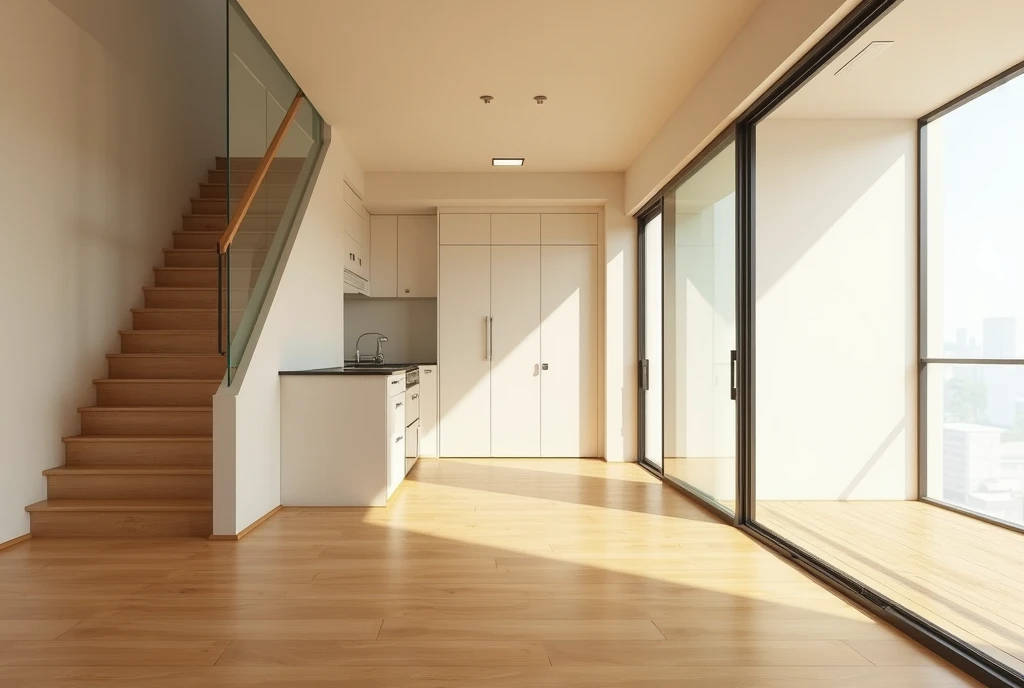 A highly realistic, ultra-high-definition photograph of the interior of a modern Japanese narrow house (kyosho jutaku). The room features an open-plan design with a minimalist aesthetic. The flooring is warm wooden panels, and a sleek, straight staircase w...