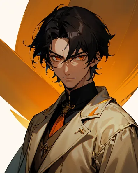 handsome man, face with hard features, slightly dark skin complexion similar to the Arab complexion, serious appearance, a little smile, short straight hair, black hair, orange eyes, sharp eyes, wears a pale yellow victorian military outfit, anime style.