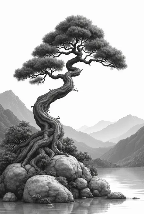 masterpiece, best quality, medium detailed, woodblock print, japanese art, bonsai tree, rolling hills, two-tone, black and white, thick trunk, detailed artwork, professional illustration, outlined art