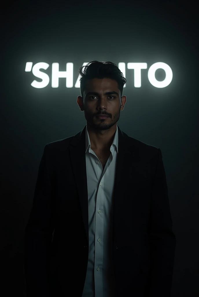 Create a highly realistic portrait of a 27-year-old Bangladeshi man named 'SHANTO, standing in a dark room. He is wearing a blackblazer and a white shirt.

The lighting should be dramatic, focusing on his handsome face with a light stubble, giving him a ru...