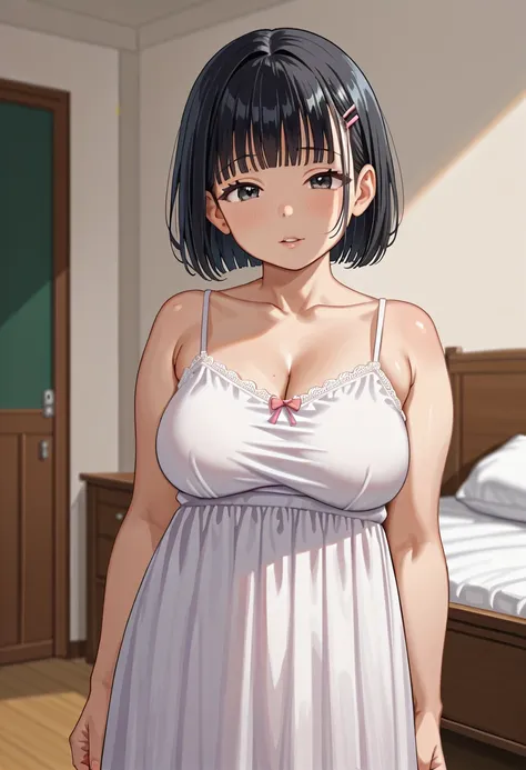 (((1girl:1.5))), Masterpiece, Best quality, amazing beauty, 4K, absurdres, finely detail, (super detailed eye), perfect anatomy, official art, cinematic lighting, BREAK, ((((Bright bedroom)))), silky bob cut, blunt bangs, (black hair:1.5), Perfect Eyes, ((...