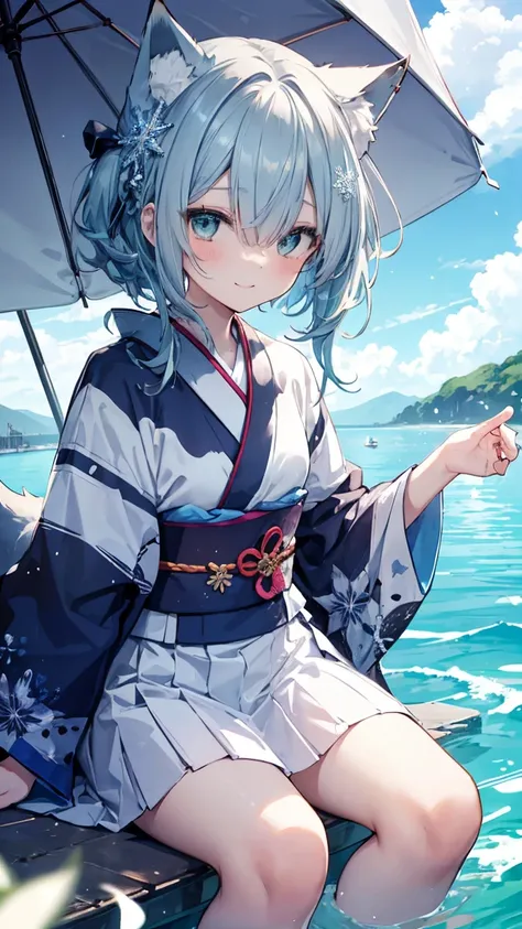  Gray Hair、 long hair、hair over one eye、summer、sea、Ruins、 low angle、Cumulonimbus、 slender、  cute pose、smile、  Cool Personality、  boyish、July、  kimono、 Fox Ears、fox tail、Floating Hair、 Snowflake、 high school girl、、masterpiece、masterpiece、 pale blue-green ey...