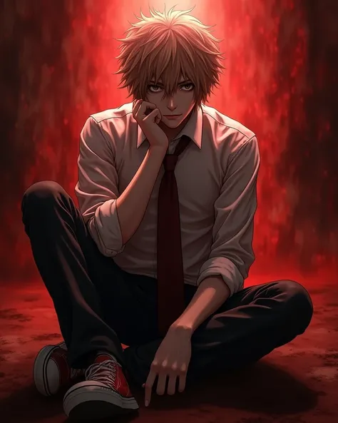 generate "light Yagami" from Death Note full body image. Death note in his hand, he is sitting in hell with the scalp. Arogenate face. means generate a  light yagami picture wich picture explains his roll in the death note series. 