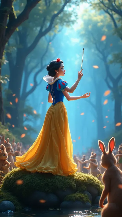 
“Create a stunning 3D animated-style scene featuring four Disney-inspired princesses and a fairy, each reimagined as unique musicians, performing together in a magical concert setting.”

	1.	Snow White: A graceful orchestra conductor in an elegant blue an...