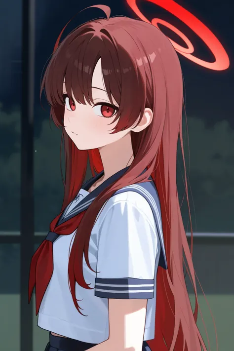 1 girl, Hair length reaches the back, Brown hair and red hair on the edges of the hair, red eyes, but not bright, wear a school outfit, หน้าอกไซส์ปานกลาง, have a red halo