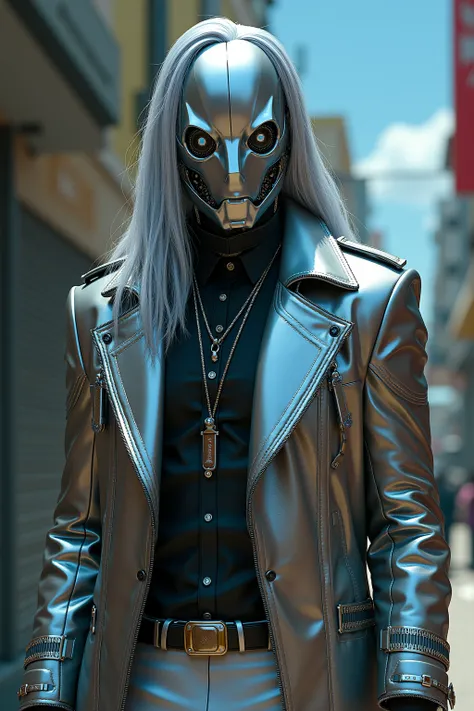 Agent bison, robot, highest quality ,A dark cyberpunk world、1 male ( dark cyberpunk world,  male Robot, Silver robot face, blue outline on sharp facial structure, human like, Gas canisters, long hair, metallic hair , cyberpunk situated in puerto rico, high...