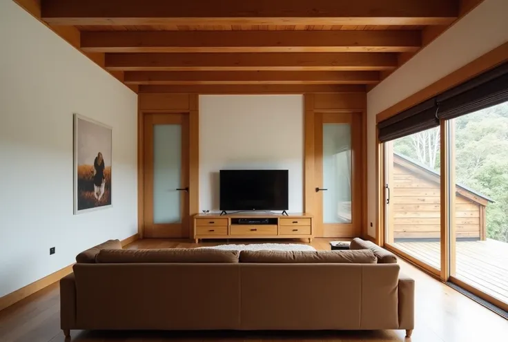 A highly realistic, ultra-high-definition photograph of a modern Japanese living room with a warm and minimalist design. The room features a comfortable brown sofa in the foreground, facing a wooden TV stand with a flat-screen TV. Two wooden doors with fro...