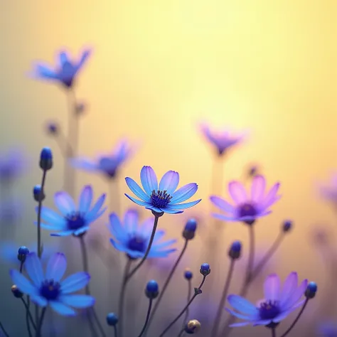 Photograph of a pale yellow background with blue and violet flowers. The flowers shine with their own light .