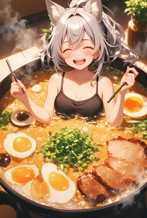 (Masterpiece, BestQuality:1.2),A cute anime-style girl soaking in a giant bowl of Hakata tonkotsu ramen like a hot bath. She has a joyful and relaxed expression, with steam rising around her. Her hair is slightly damp, and she playfully holds a pair of cho...