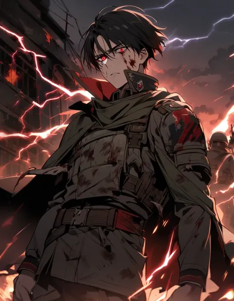 1boy  ,short hair,Black hair,Red eyes,soldier,uniform,cool,cape、 big wound on the face,(( tattered clothes)),bleed.((Lightning in the eye ))