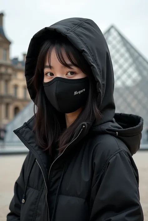 Tu peux me générer une image d'une petite fille, asiatique, âge de 18 ans ou moins, porter une masque d'un hacker sur sa main droite, elle met une capuche noir, et sur sa capuche il est inscrit un nom Mégane Lee, elle est devant le Louvre Paris 