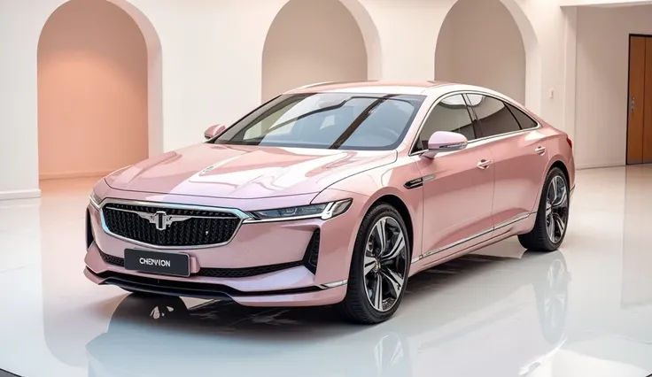 Fornt Side view of painted (Gleamy creamy  Pink )with shiny clour  New ( 2025 Chevzon )  Officially  sleek in large shape sedan in large size with ( 2025 Chevzon    its large detailed grille in shiny white clour with angular sporty design captured from clo...