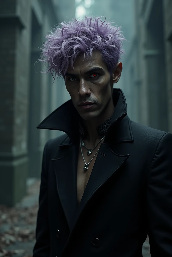 A darkskin vampire, with short curly wooly lavender hair