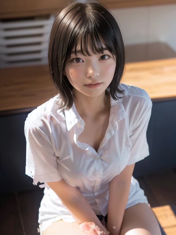 ((A painful and painful expression)), (((The shirt is open to reveal the bra and small bust))), sexy pose to hide over there sitting on the floor, whole body focus, (Sexual violence), ((Tattered high school uniform)), (( horribly Torn high school uniform )...