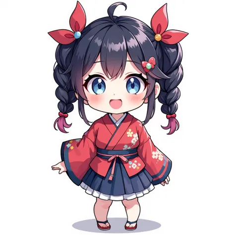 ( chibi:1.4), chibi character, chibi style, toe, (cwhite background:1.4),full body,masterpiece, high quality, 4K, HDR,, A girl with frills, anime style, Ninja、 with a cheerful smile、 open your mouth wide、 simple background、Japanese style、 red kimono、Small...