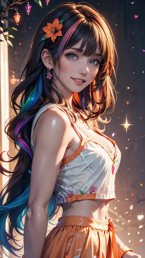 Shoujo Anime Hair Curls Fluorescent Shiny, Color Purple Neon Orange Neon、 Rainbow(rainbow)Hair Color、Pop Background、smile