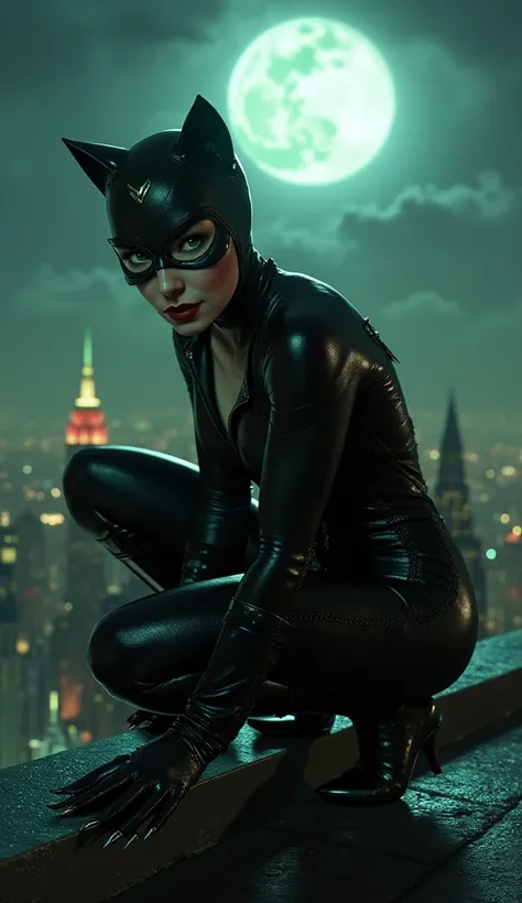 Catwoman crouches with feline grace on the edge of a Gotham City rooftop, her glossy black latex catsuit clinging to her every curve like a second skin. Under the radiant glow of the full moon, the suit shimmers with streaks of silver, casting hypnotic ref...