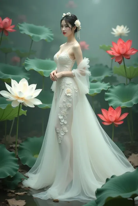 a woman in an elegant, flowing white gown adorned with floral designs. She is standing in a serene environment surrounded by large lotus flowers in various colors, including white and red, along with broad green leaves. The setting resembles a tranquil gar...