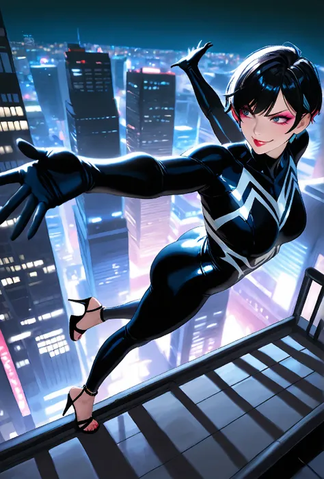 Very realistic photo, best quality, masterpiece, very high resolution, incredibly absurd, highly detailed, delicate and dynamic,
Theme.(One woman).(Venom suit cosplay).(Pitch black high heeled ankle strap sandals),
Hair features.(Short black hair).(Pixie c...