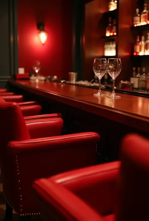 Create me a picture of a red-themed evening bar with soft lights and red leather armchairs 