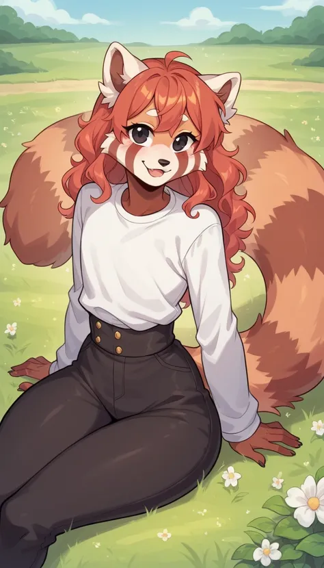     better quality   ,   very deхвостed illustration , ( Anthropomorphic fluffy red panda boy:1,7), red fur,   black eyes  ,   disheveled wavy hair  ,   seductive look ,   slim, ideal body,   thin waist,    wide hips , Simple drawing, Artifyber style,   pa...