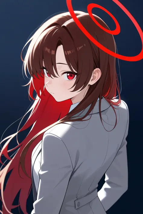 1 girl, Hair length reaches the back, Brown hair and red hair on the edges of the hair, red eyes, but not bright, wear a suit outfit, หน้าอกไซส์ปานกลาง, have a red halo