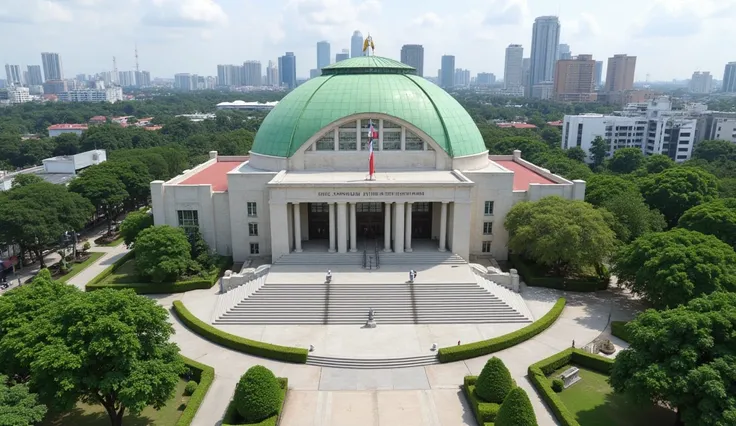 View from the top of the House of Representatives/ MPR RI located in Jakarta , indonesia.  The building has a characteristic green half-domed roof that appears to be destroyed once filled with holes that will be split, yang menjadi ikon arsitektur parlemen...