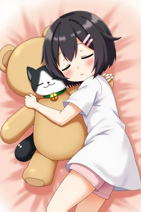 A short-haired, black-haired, black-eyed woman wearing a white dress, wearing light pink shorts, clinging to a light pink hairpin, is sleeping while hugging a big brown teddy bear, and sleeping next to a black and white cat wearing a green collar with a ca...