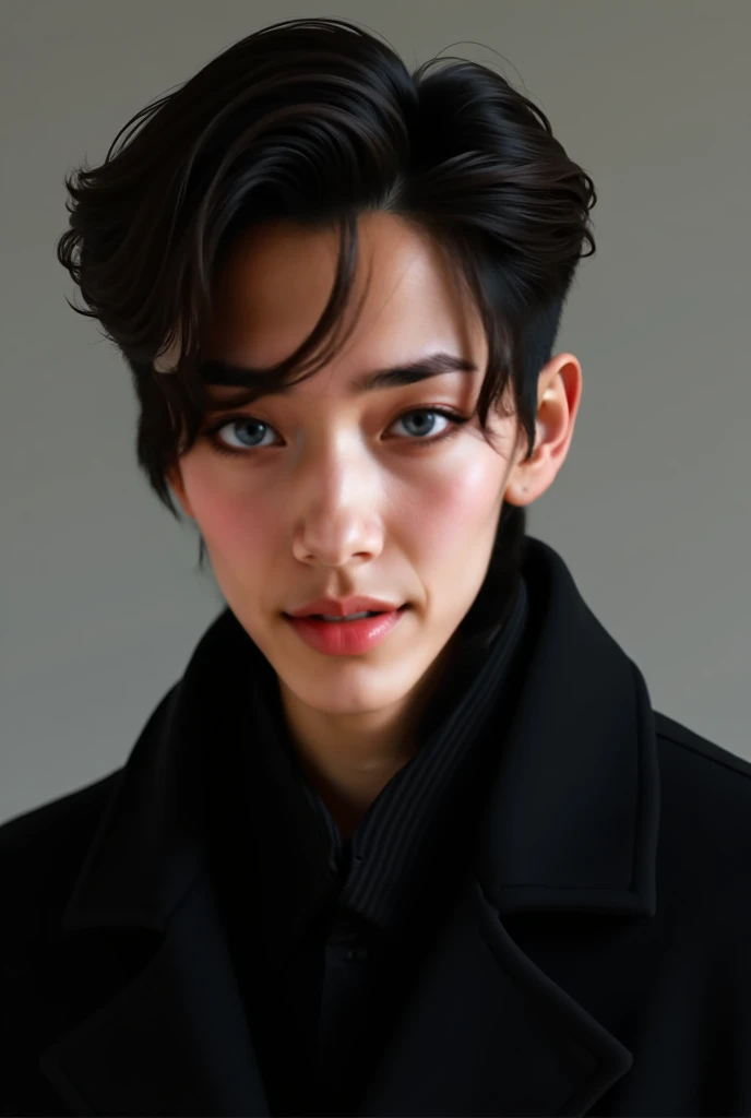 Handsome Korean style man with small pussy under his left eye with big smiling freckles in hard line in black coat 