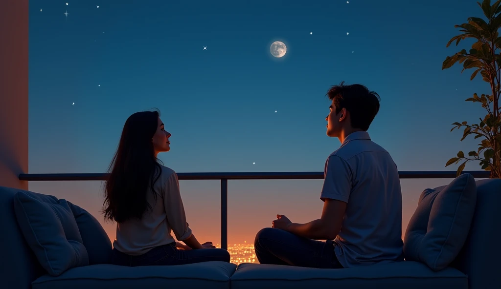 On a tranquil night, after a cozy dinner together, Ardi and Mita are seated on the sofa at balcony of Ardi’s modern apartment, basking in the cool night air. The balcony is softly illuminated by city lights below, creating a calm, serene atmosphere. Mita, ...