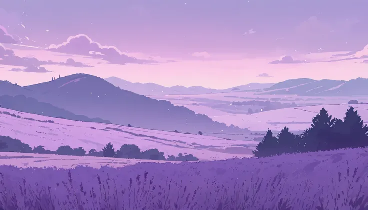 LAVENDER landscape , Pastel Purple Colors ,,Ghibli style ,Lofi ,cute ,Cozy , Landscape Wide Field Ultrawide Purple tone