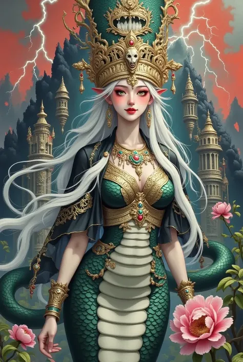 Egyptian Pharaoh，skull crown ，  snakeskin dress  ，  black python，  red eyes。Suspended buildings，tower，peony，lightning