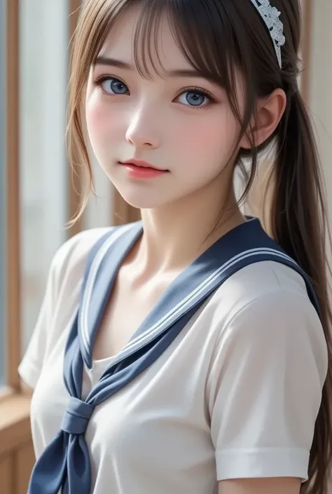 (super cute young face),
(japanese idol face:1),
very beautiful cute girl,
(sailor high school uniforms:1.1),
(beautiful pleated skirt:1,5),
professional photogragh, 
body shot