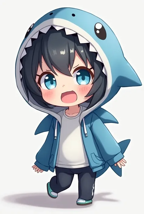 gender。Eyes are light blue 。Her hair is short。His face is cute and his mouth is wide open。 The costume is a white t-shirt and a shark hoodie。The pants are black。 size is a mini character