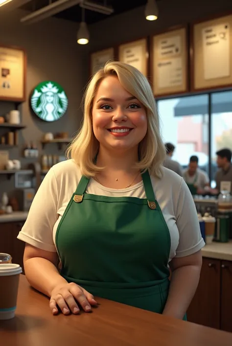 A barista with her Starbucks apron fat blonde woman 