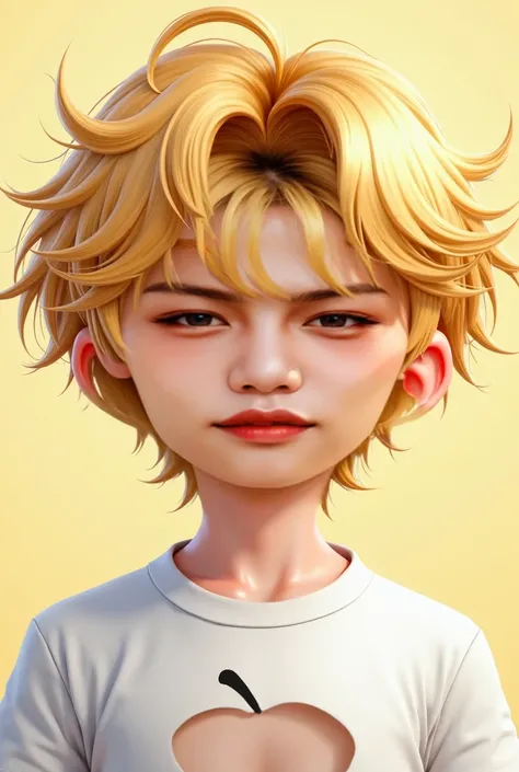 This is a man with blond blond highlighted long hair and a white T-shirt,  t-shirt with big round eyes and plump reddish lips.  He has fair skin , and he's Felix from Stray s . happy 