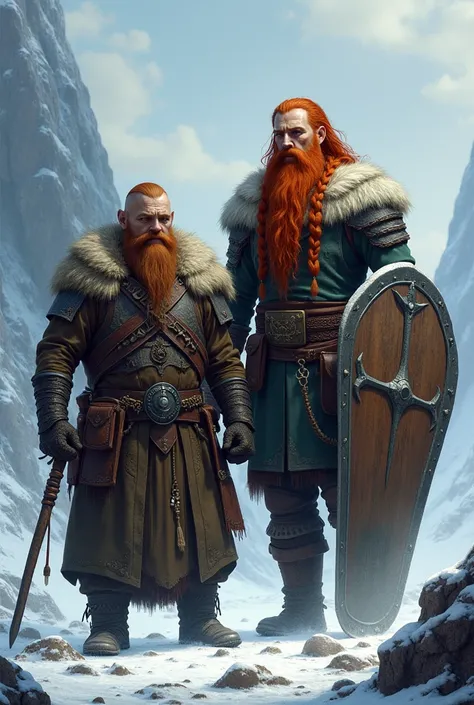 man, dwarf race, cleric, tall red-haired bard with braids. held for the cold, with shield and morgenstern