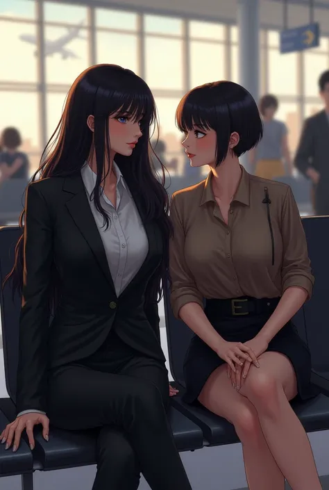 A beautiful long-haired woman wearing a black suit white shirt and a black skirt sits with a short-haired fat woman wearing a brown shirt and a black skirt in a plane that meets passengers