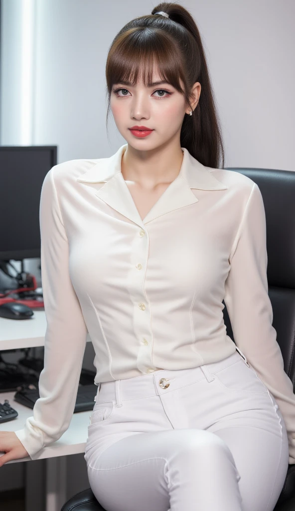  an office lady,  sitting in an office chair ,  use formal shirt in white satin material, use white denim trousers ,  big boobs,  red lips, rambut ponytail