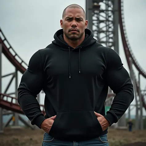  close up，A muscular, bald young hunk in a black hoodie and jeans，Hands in front of the sweatshirt's belly pocket ，The background is a roller coaster ，American inch  ，Round Face，facial lens，