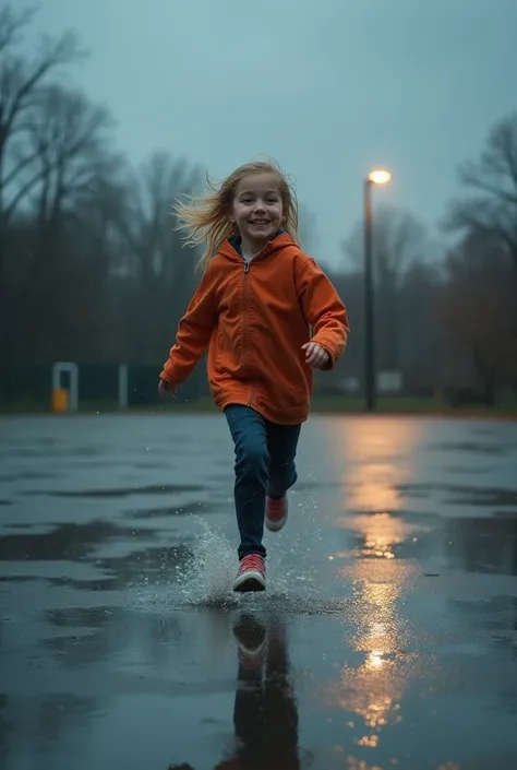  Imagine a paved soccer field ,  with a cloudy and gray sky ,  darkening the environment a little around 7 at night .  The rain falls gently but constantly ,  creating small puddles on the ground .  In the center of the court ,  a girl of about  ,  moment ...