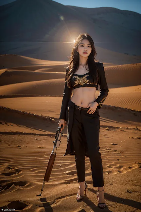   let's take a closer look  ,    au preg pose   ,(    top quality of talks,4K,   ＯＬsale、 suit   ),     very detailed,(    realist, photos ＯＬ suit、 Thailand、 Thailandトスカート 、  high heels、   camera on the ground、), portrait, desert,  beretta ,   detailed skin...