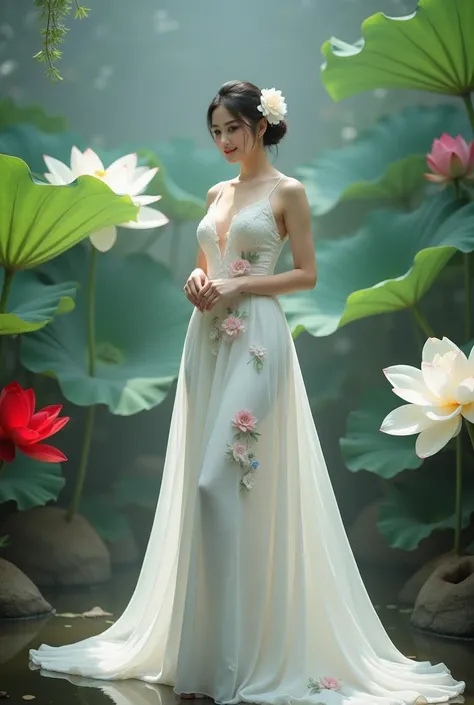 a woman in an elegant, flowing white gown adorned with floral designs. She is standing in a serene environment surrounded by large lotus flowers in various colors, including white and red, along with broad green leaves. The setting resembles a tranquil gar...