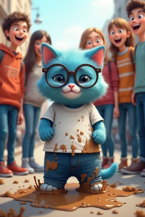 A fluffy blue kitten, wearing a white T-shirt and jeans, with glasses on, fell into the mud on the street and was covered in mud. His classmates around him laughed at him and mocked