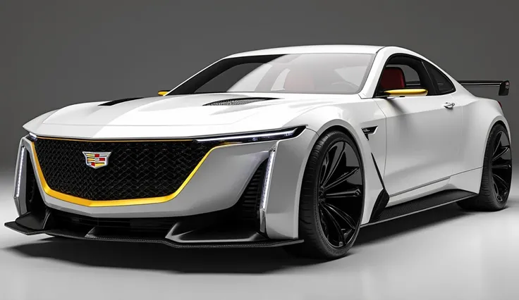 create an ultra-detailed 3D render, of a modern 2025 Cadillac Eldorado a bold design captured from side view. The car should feature a 'white' color with a 'cadillac ' logo on its front, a large white detailed grille like rolls royce spectre, black alloy w...