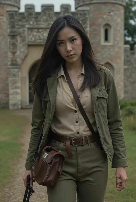 Thai actress age 25, smart, beautiful, beauty eyes, black long hair, สวมชุดเดินป่าสไตล์ผู้ดีอังกฤษ, holding hunter riffle,walking on ancient stone castle since 1000years ago, action image movie style