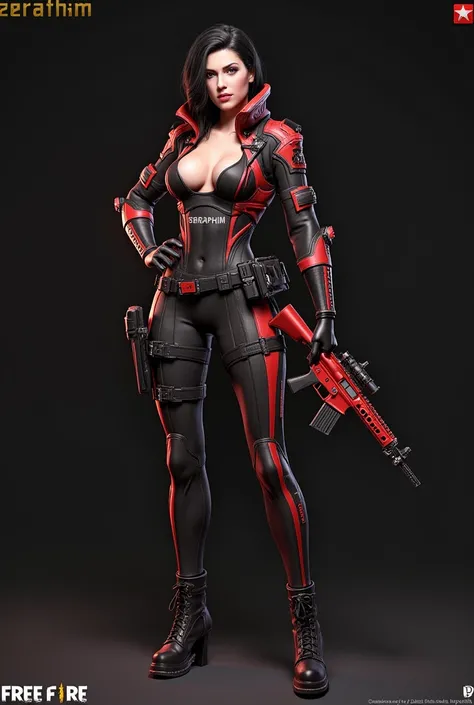 Photo of a Free Fire female character with the name SERAPHIM on his clothes, red m4 in her hand, nanotech suite, big boobs